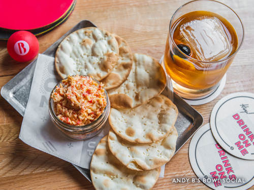 Food and alcohol served at Andy B's Bowl Social.