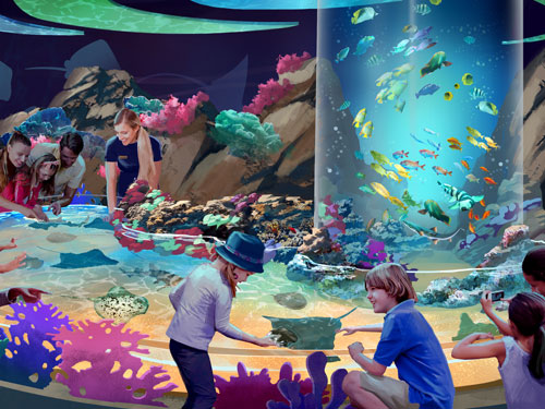 Illustration of families at a new aquarium in Branson.