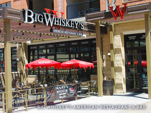 Outdoor patio and front door of Big Whiskey's Restaurant and Bar on Branson Landing.