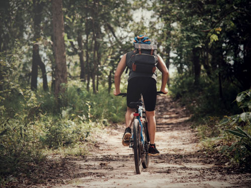 Back of man wearing a backpack and riding a mountain bike through a dirt, tree-lined trail in Branson.