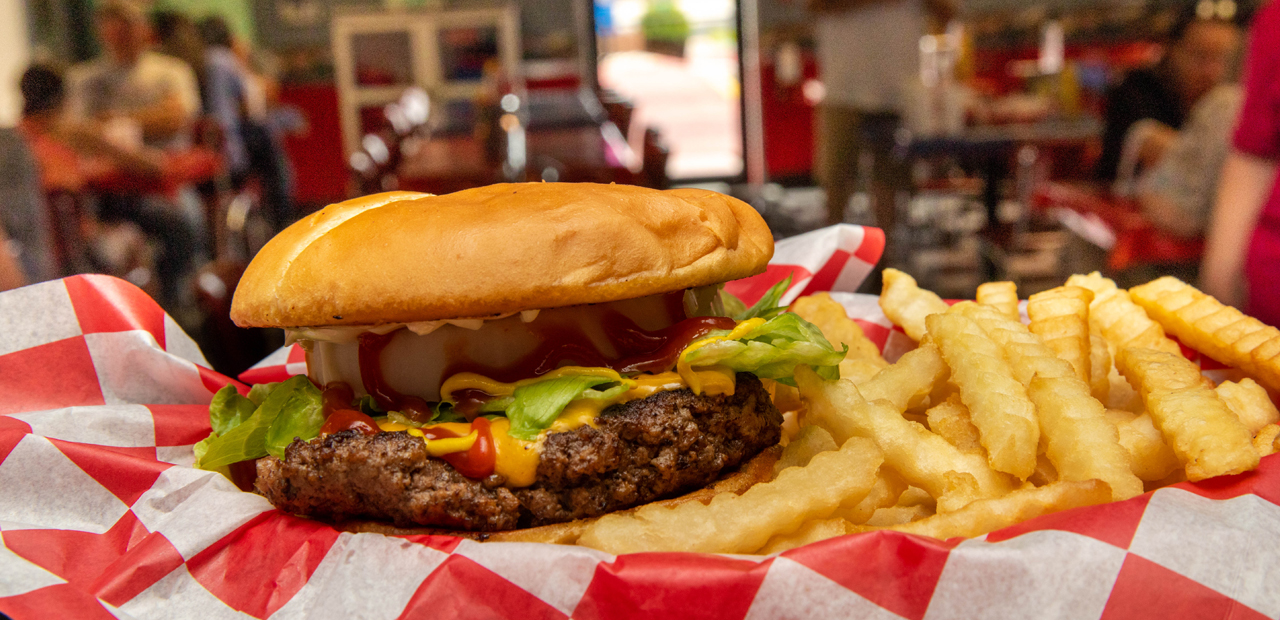 Hamburger and crinkle cut fries served at a classic American diner in Branson.
