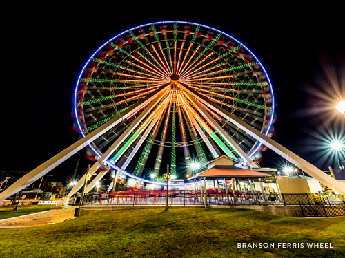 LED lighted Ferris Wheel lighting up the night in Branson.