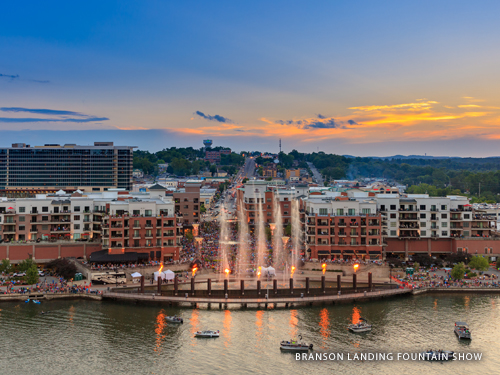 Fountain and fire show lighting up the night at Branson Landing in Historic Downtown Branson.