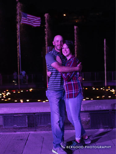 Recently engaged couple at Branson Landing Fountains.