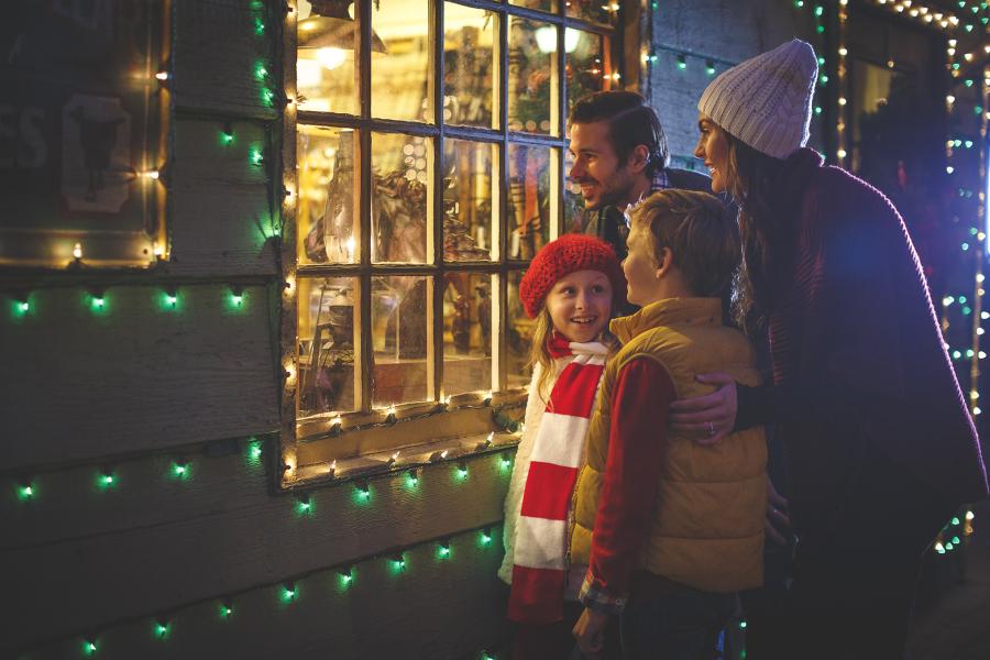 Young family of four looks in window with strings of green and white christmas lights shining.