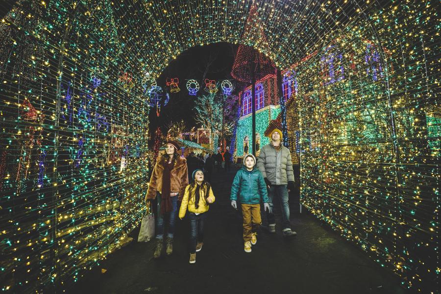 family walking through christmas light tunnel at silver dollar city