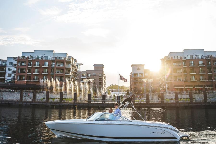 branson landing at sunset with boat