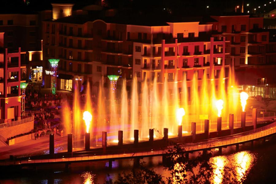 The fountain show will light up your night here at the Branson Landing.