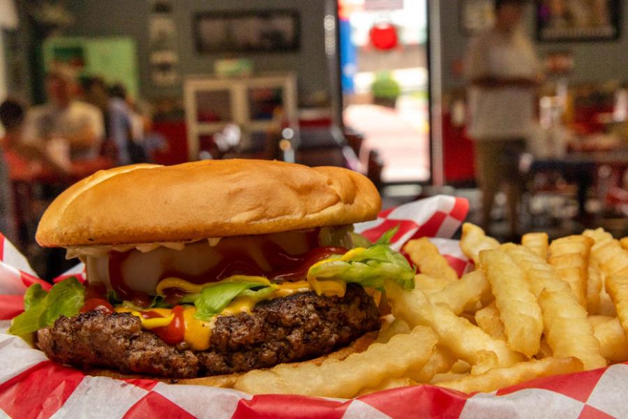 Hamburger and french fries at a small, classic diner in Branson.