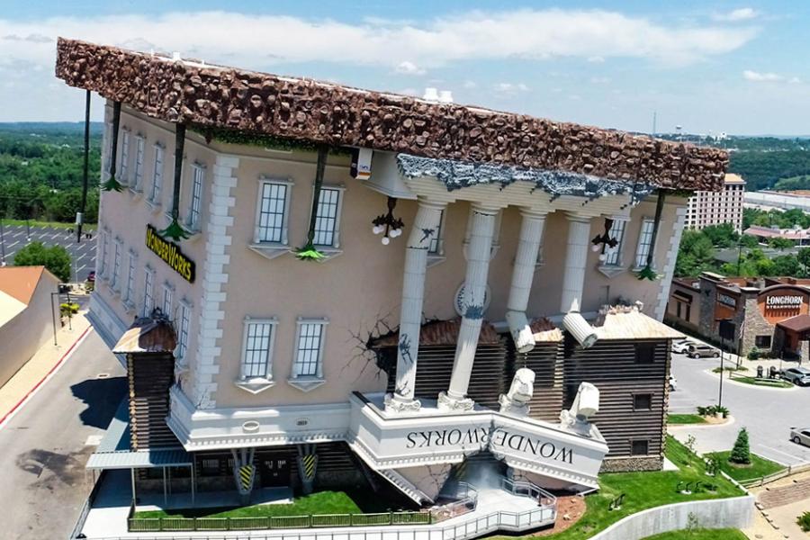 Large upside down building that is a new family attraction in Branson. 