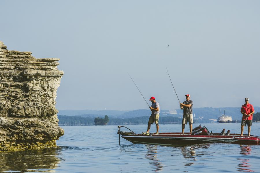 Group of three men bass fishing on Table Rock Lake in Branson.