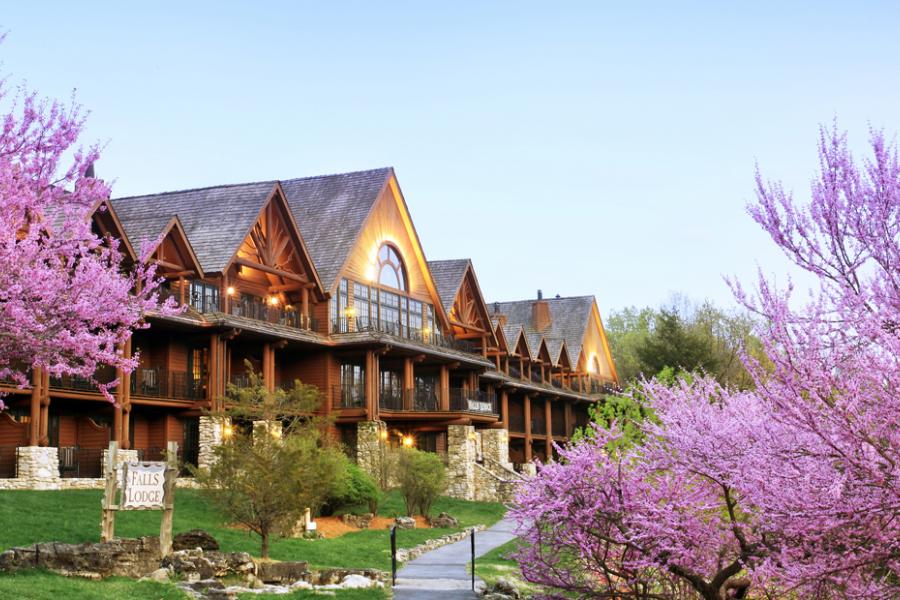 Big Cedar Lodge cabins with rosebuds blooming. 