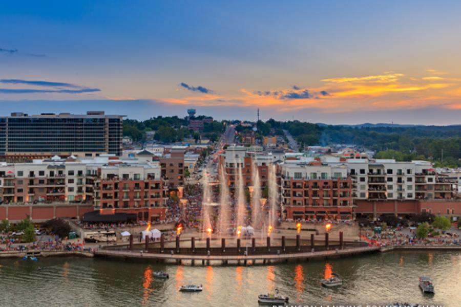 Fountain and fire show lighting up the night at Branson Landing in Historic Downtown Branson.