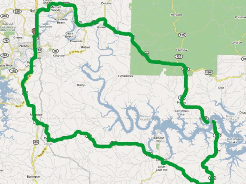 Try out this 2 state tour across Bull Shoals.