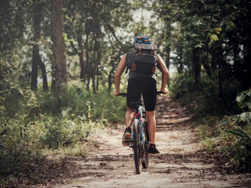 Back of man wearing a backpack and riding a mountain bike through a dirt, tree-lined trail in Branson.