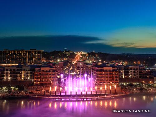 Water and fire fountain shows at a large shopping area in Branson.
