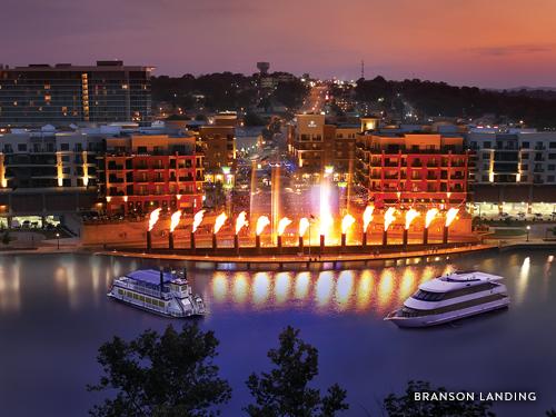 Fountain and fire show lighting up the night at Branson Landing in Historic Downtown Branson.
