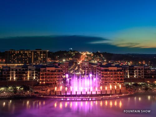 Fountain and fire show lighting up the night at Branson Landing in Historic Downtown Branson.