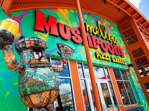 Bright-colored store front of Mellow Mushroom Pizza at Branson Landing