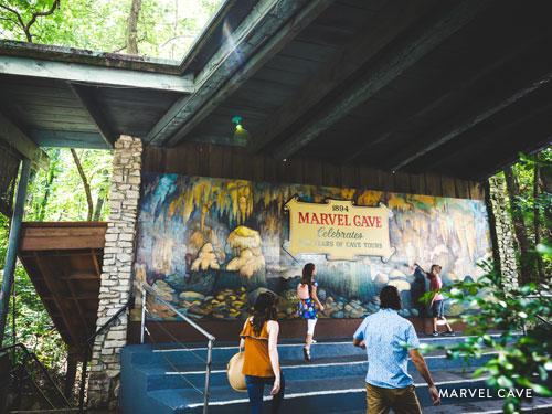 Family of four about to enter the Marvel Cave attraction at Silver Dollar City in Branson.