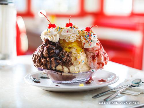Old-fashioned banana split sundae being served at a diner in Branson.
