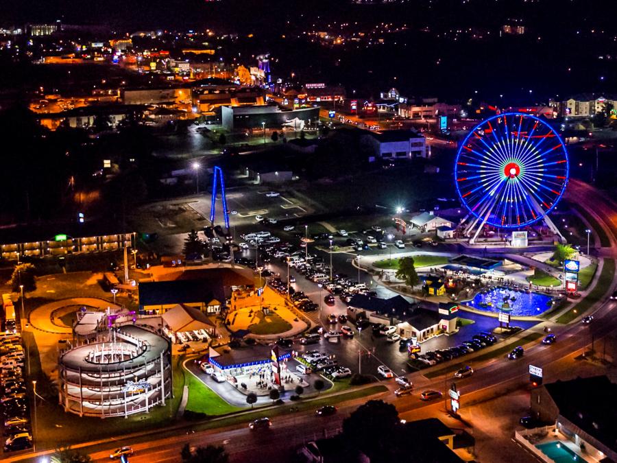 Branson Ferris Wheel and Strip at Night - Aerial