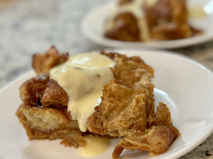 Bread Pudding Gone Rogue - made with Cronuts and Topped with Whiskey Anglaise