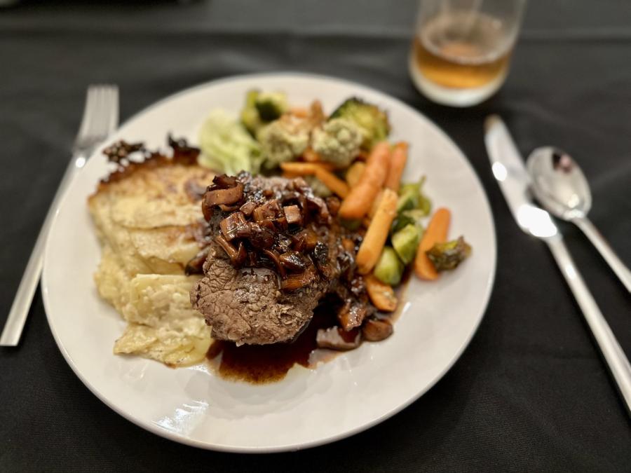 Seared Filet with Red Wine Mushroom Reduction Sauce, Dauphinoise Potatoes, and Roasted Veggies