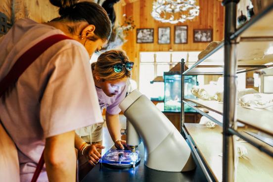 Two girls looking through a microscope at Doogwood Canyon