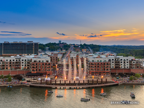 Fountain and fire show lighting up the night at Branson Landing in Historic Downtown Branson.